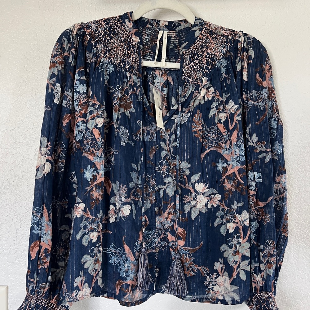 NWT Navy Floral Blouse with Pink Accents